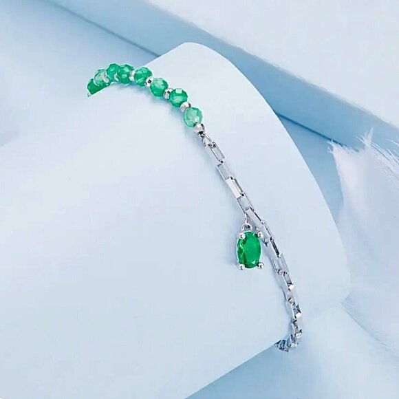 NWT Green Gem Charm Bracelet S925 Sterling Silver Beaded Boxy Chain Delicate - Picture 4 of 10
